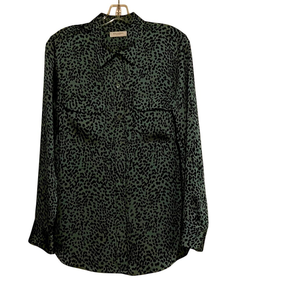 Equipment Leopard Print Silk Button Down Shirt Large Green Black